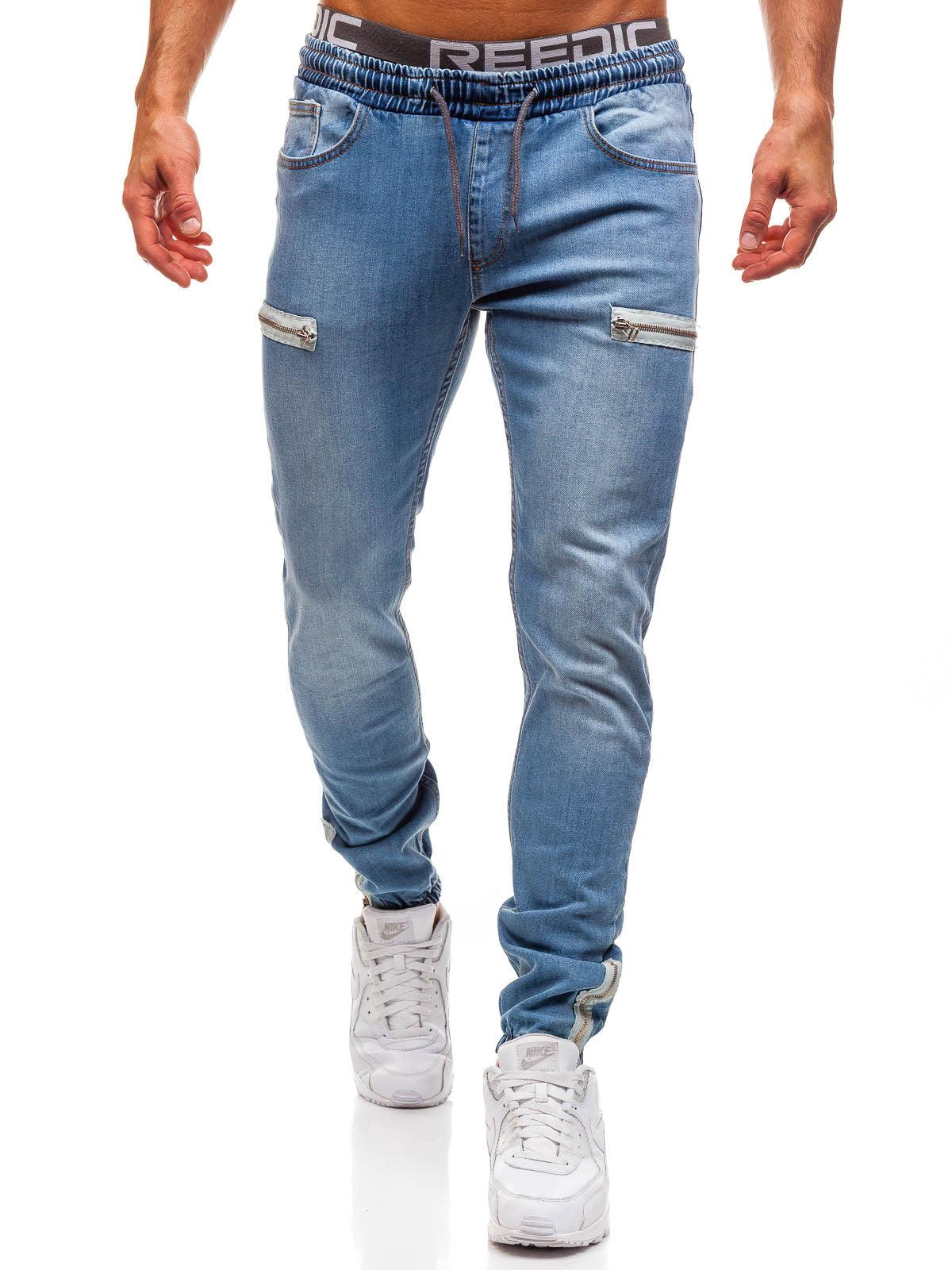 Men's light blue jeans with zip-pocket details and ribbed waistband