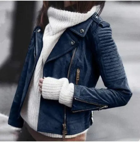 Blue jacket with white knit collar, zip pockets, and snap-button front