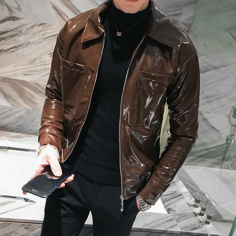Brown PU leather lapel jacket with glossy finish, zipper front, chest flap pockets.