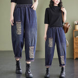 Women's Literary Plus Size Ripped Denim Harem Pants - WOMONA.COM