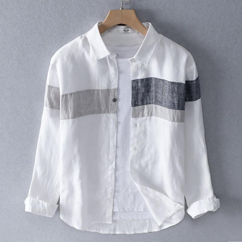 Men’s button-up cotton-linen beach shirt in white with gray horizontal stripe panels