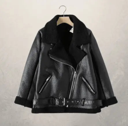 Women's black leather biker jacket with shearling-style collar, zips, and belt detail
