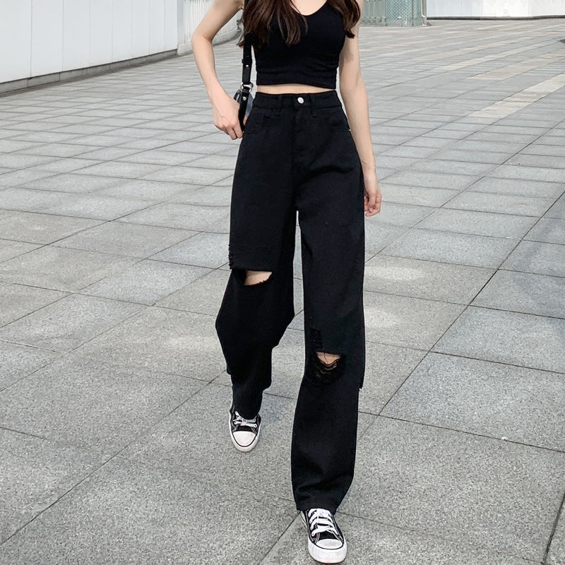 Black Wide Leg Ripped Summer Jeans - WOMONA.COM