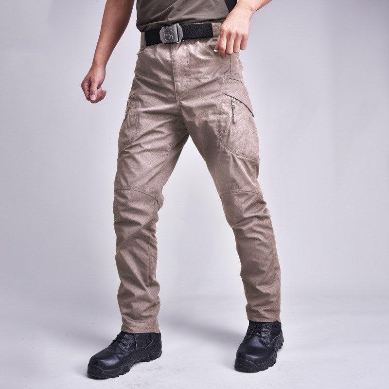 Men's tactical cargo pants, khaki, with zip fly, belt loops, and zip side pockets