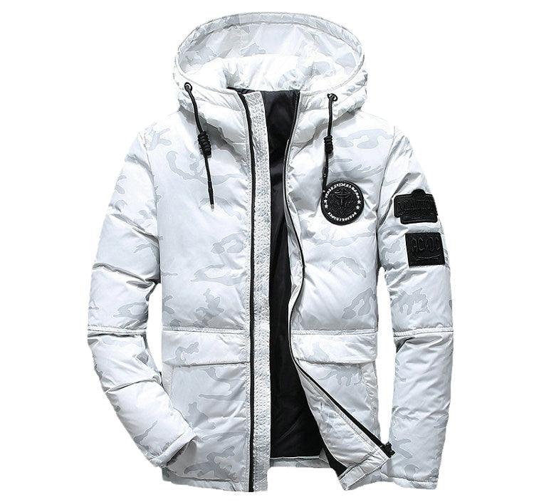 Men's winter camouflage jacket in light white/gray with zip-up hood and zip pockets