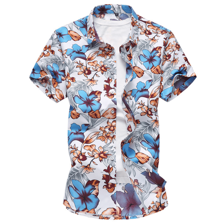 Men's short-sleeve button-up shirt with blue floral and bird pattern on a light base