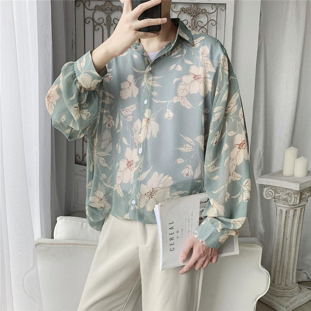 Youth loose floral button-up shirt in muted teal with beige blossoms