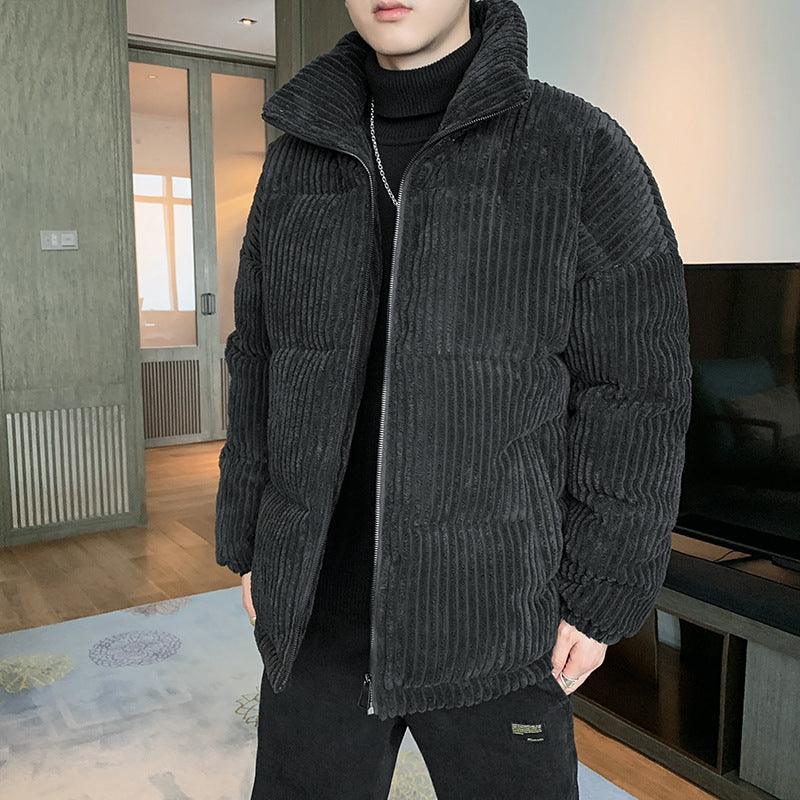 Men's corduroy padded jacket, black, full-zip with stand collar