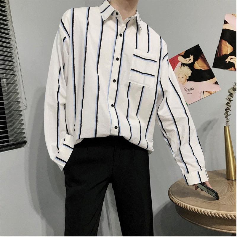 Men's loose striped button-up shirt, white with vertical blue stripes and chest pocket