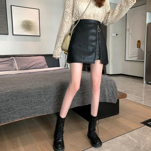 Irregular Zipper Slim Leather Skirt - WOMONA.COM