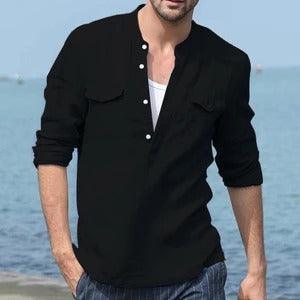 Men's black long-sleeve cotton button-front henley shirt with chest pockets