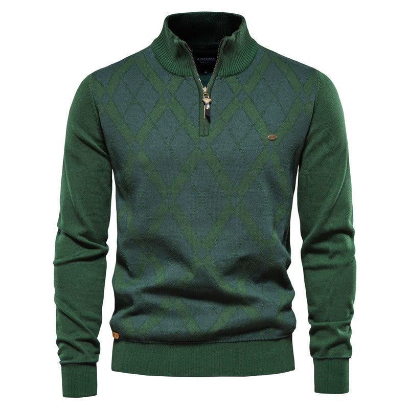 Green diamond knit quarter-zip sweater, ribbed collar, cuffs, and hem, logo patch