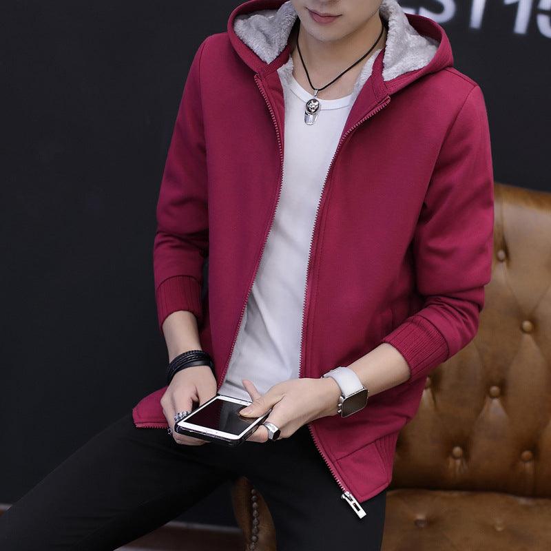 Red velvet sweater coat with zip front, plush-lined hood, and ribbed cuffs
