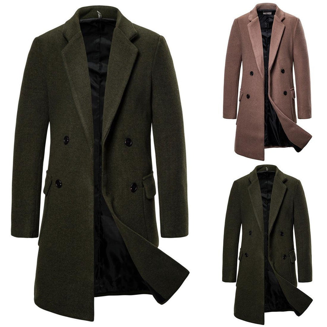 Men's dark green double-breasted wool coat, notch lapels, flap pockets, black buttons