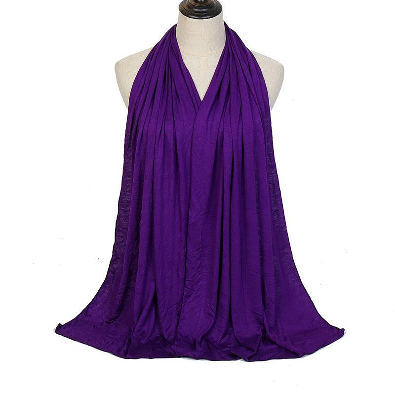 Purple ladies mercerized cotton headscarf with pleated drape and soft fringe hem