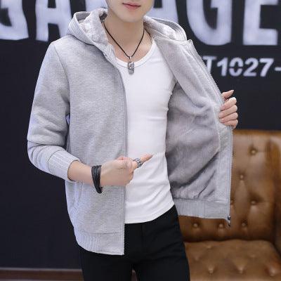 Grey velvet sweater coat with zip front, attached hood, and ribbed cuffs