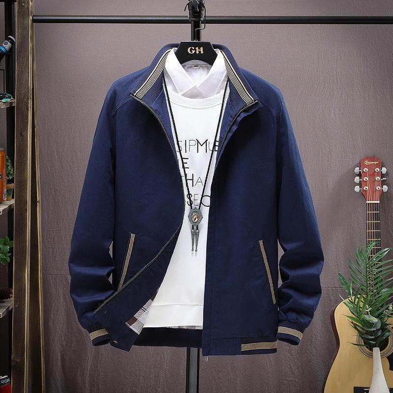 Men's cotton stand-collar jacket in dark blue, zip front, two zip pockets.