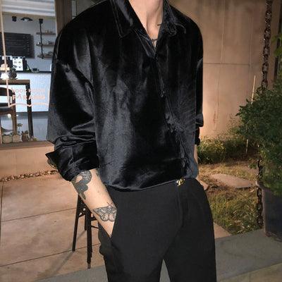Men's black satin button-up shirt with point collar and long sleeves