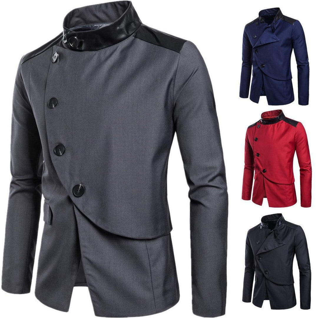 Men's casual tuxedo jacket, grey with black stand collar and button front
