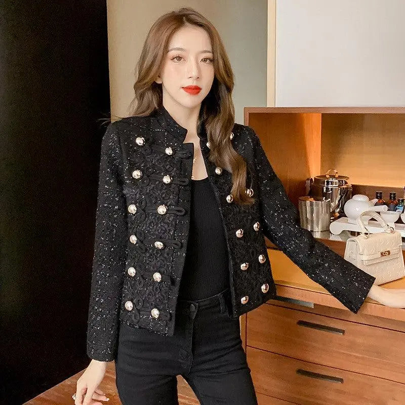 Black embellished cropped jacket with metallic button details and stand collar