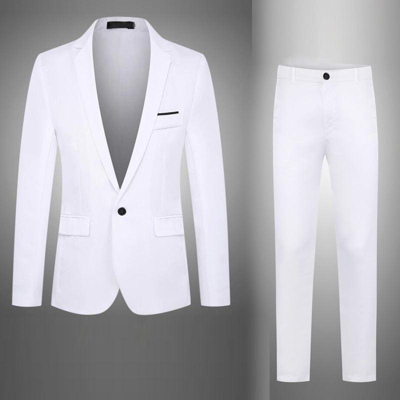 Men's tuxedo suit set, white single-breasted blazer and trousers.