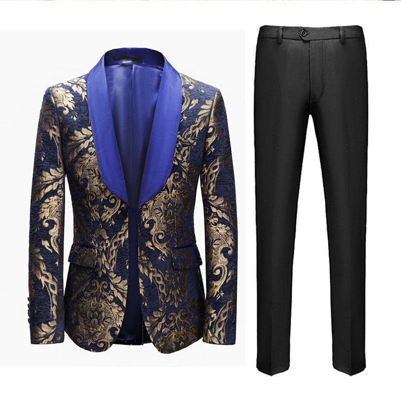 Men's baroque patterned suit jacket with dark blue lining and black dress pants