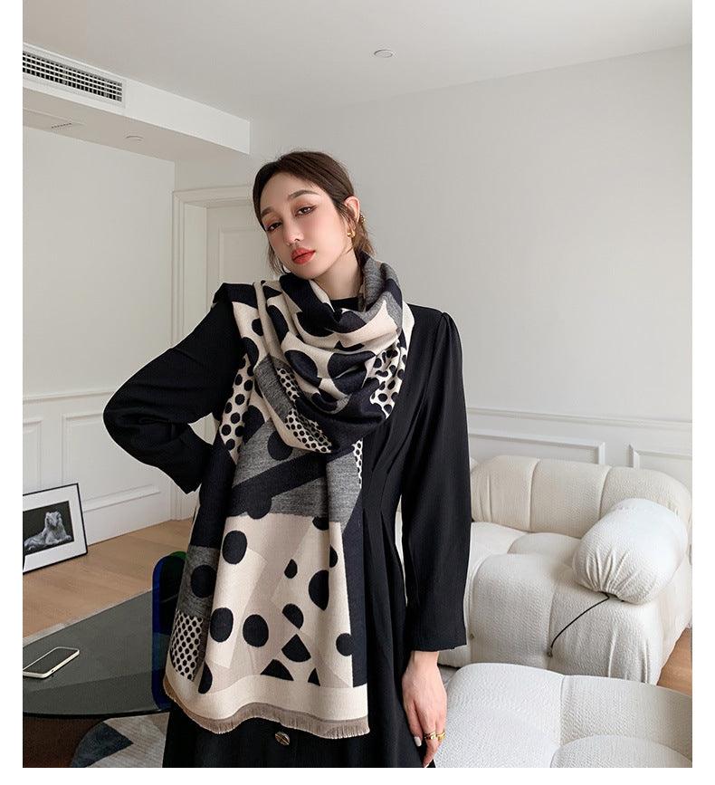 Warm long shawl scarf, black and cream leopard print with fringed ends