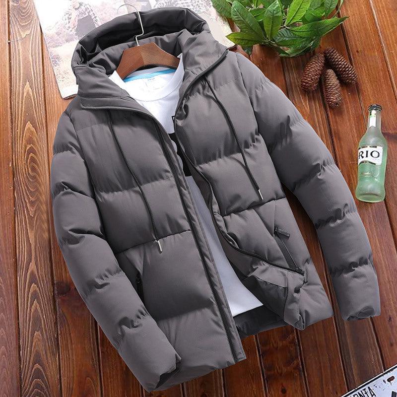 Men's hooded padded winter coat, gray with zip front and drawstring hem