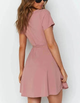 pink V-neck short sleeve dress - WOMONA.COM