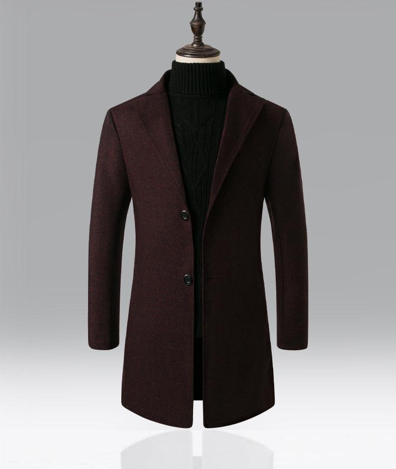 Men's snowflake trench coat, deep maroon textured wool with notched lapels and button front
