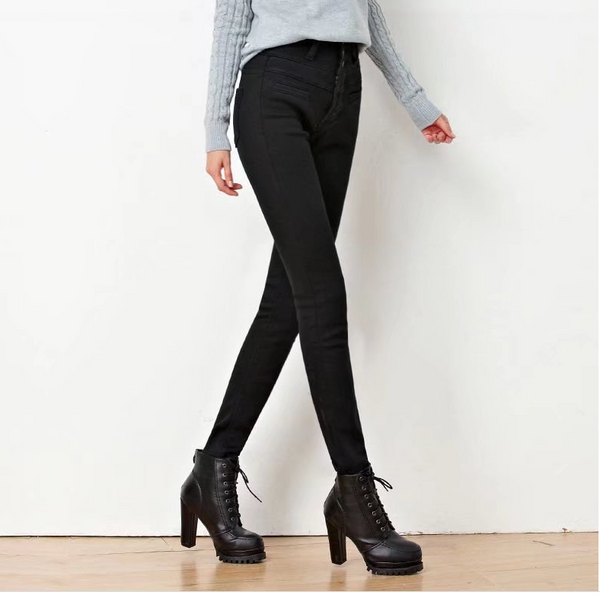 Black Plush Fleece Stretch Jeans - WOMONA.COM