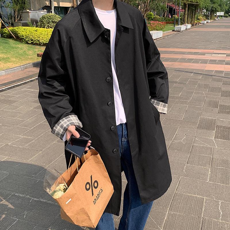 Black plaid-cuff casual trench coat, single-breasted with button placket and collar
