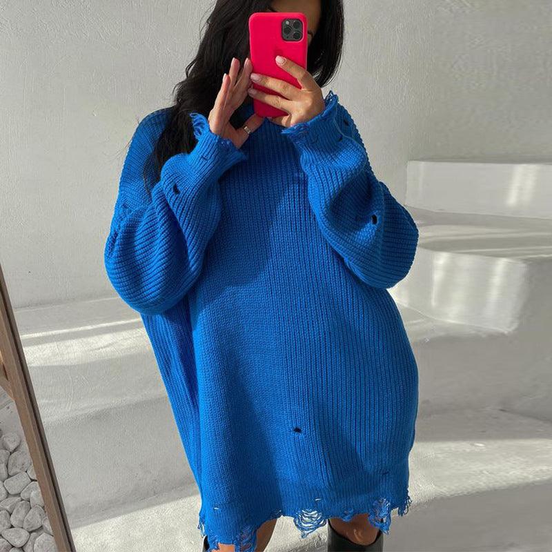 Loose Solid Color Ripped Sweater - WOMONA.COM