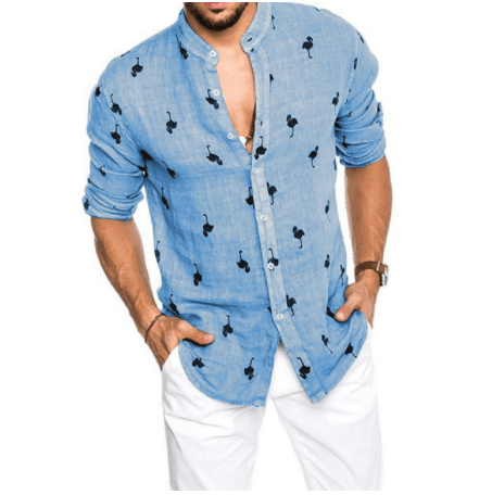 Men’s blue linen button-up shirt with pointed collar, long sleeves, and small icon print