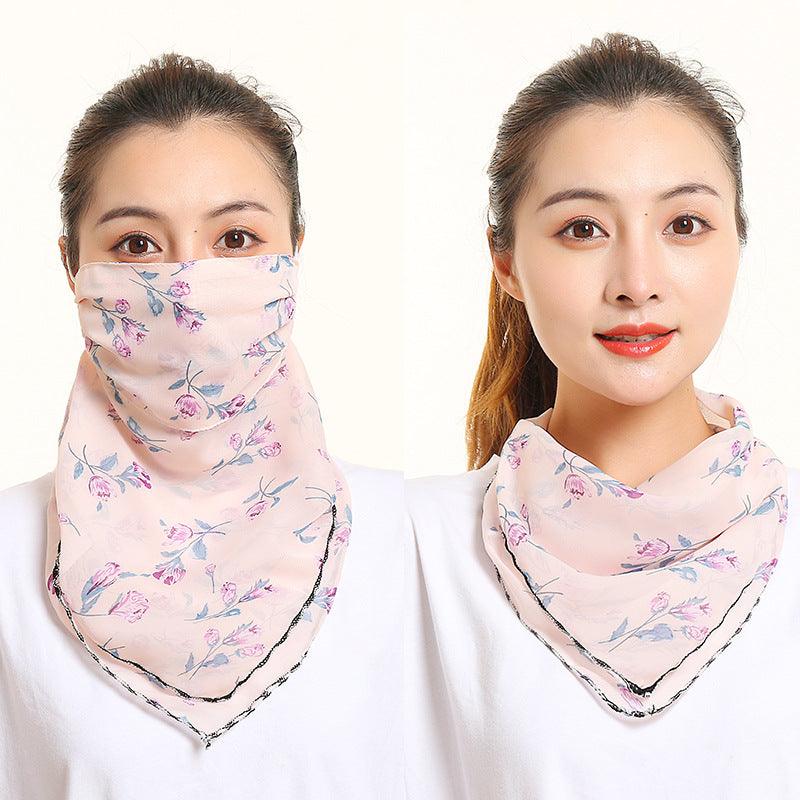 Light purple floral bib scarf with matching face covering, tied at the neck