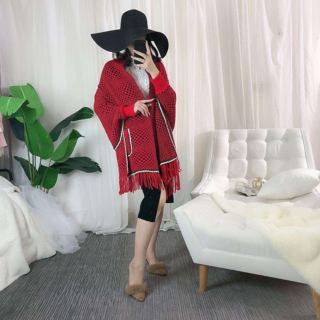 Faux mink velvet cape in red check, front pockets and fringed hem