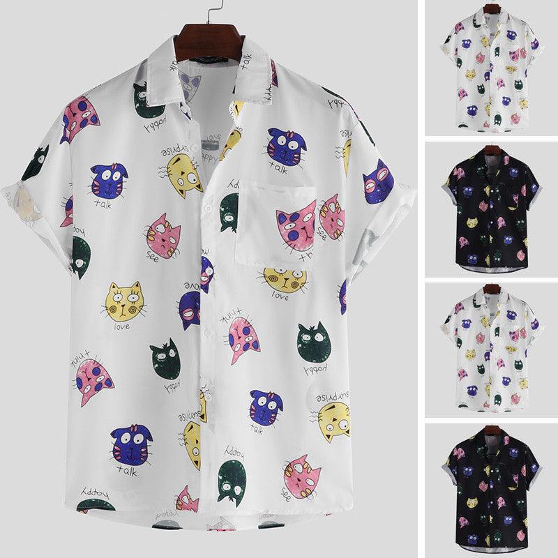 Men's slim-fit white printed shirt with cute cat faces, short sleeves