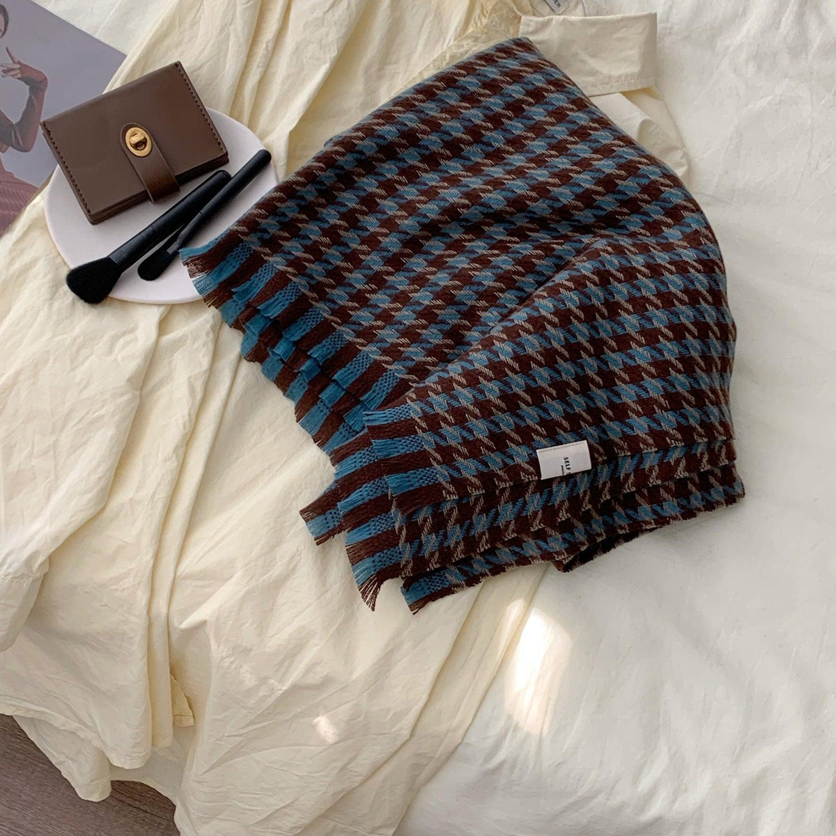 Plaid warm scarf with fringe, navy and teal blue check pattern