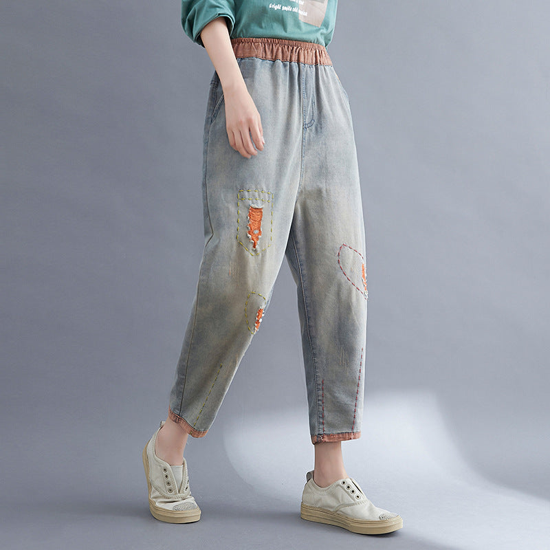 Contrasting Hole Denim Harem Pants Women - WOMONA.COM