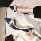 Leather Bow Stiletto Pointed High Heels - WOMONA.COM