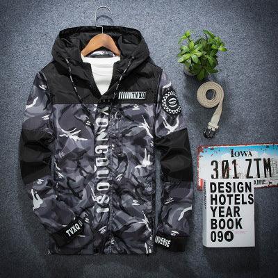 Men's hooded jacket, black with large vertical lettering graphic, zip front