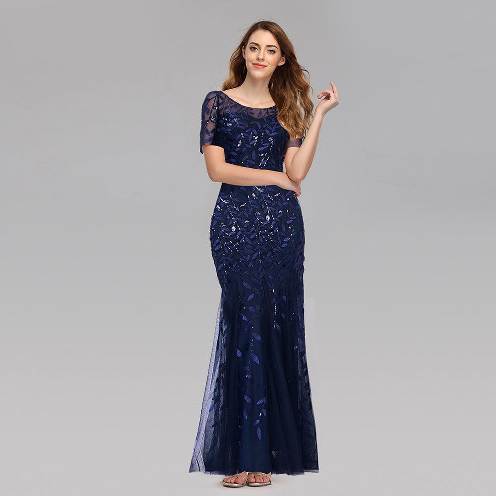 Navy blue lace evening dress with short sleeves and floor-length fitted skirt