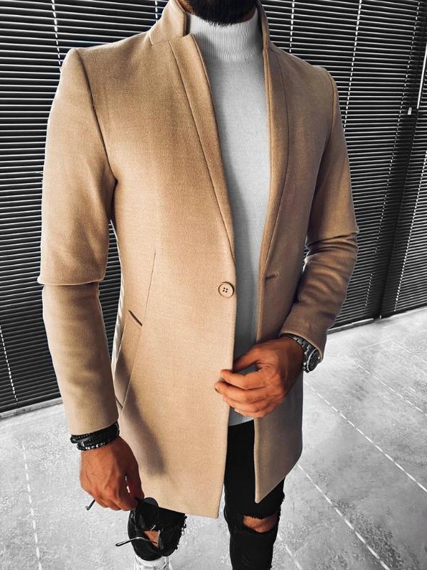 Men's khaki wool overcoat with open button front and side slit detail, draped fit