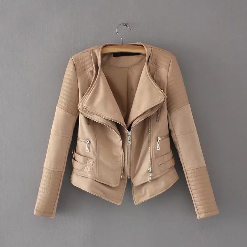 Stitching cropped leather jacket - WOMONA.COM
