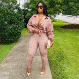 Plus Size Geo Pattern Shirt High Waist Pants Set - WOMONA.COM