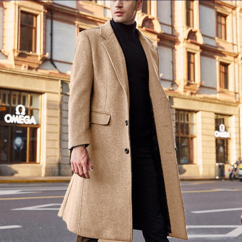 Men's long trench coat, khaki beige, single-breasted with notch lapels and chest pocket