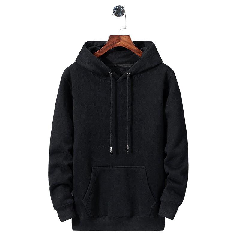 Black fleece hooded sweatshirt with front kangaroo pocket and drawstring hood