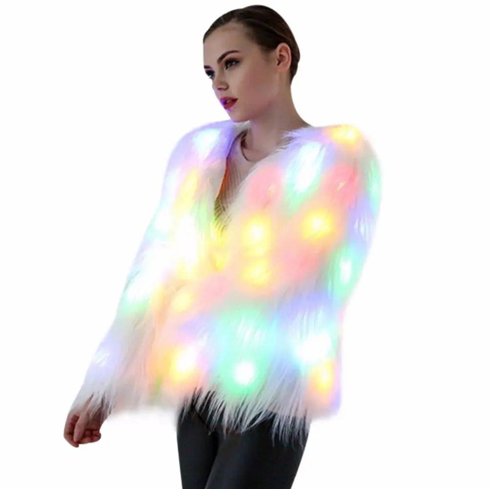 Faux fur LED jacket glowing multicolors, fluffy sleeves, side profile