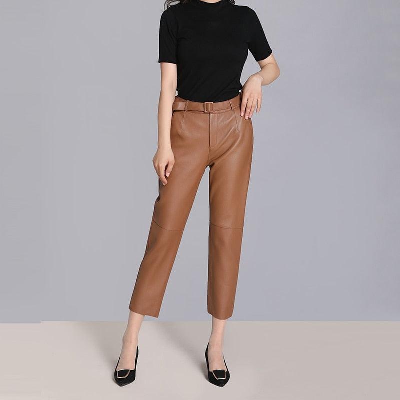 High-waisted leather pants - WOMONA.COM