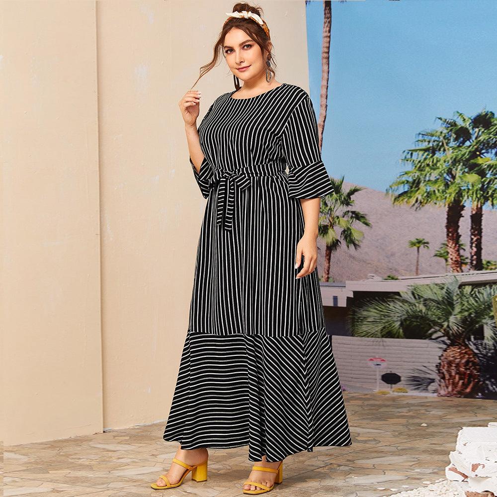 Plus size round neck striped dress - WOMONA.COM